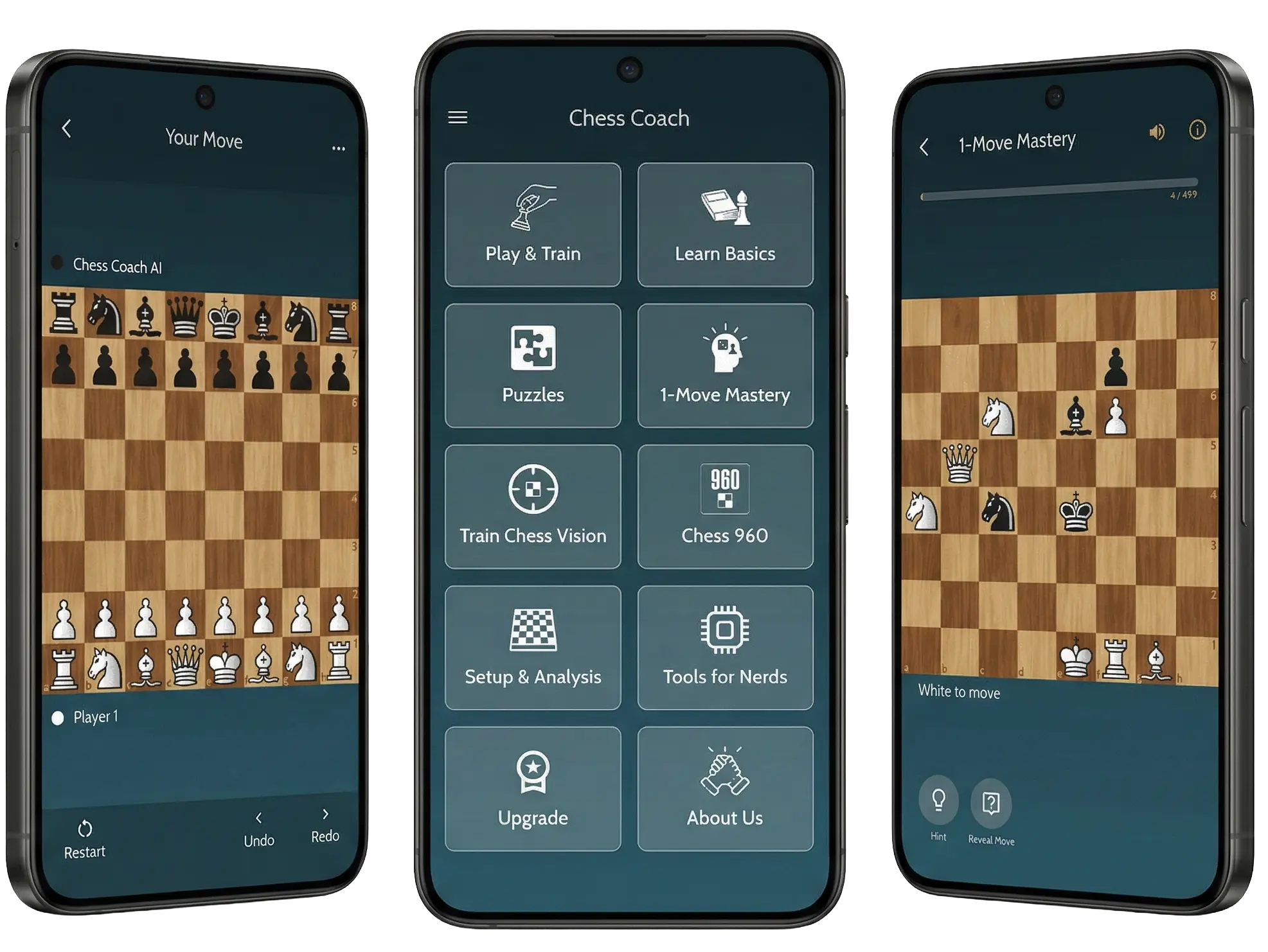 Chess Coach app interface showing chess training features